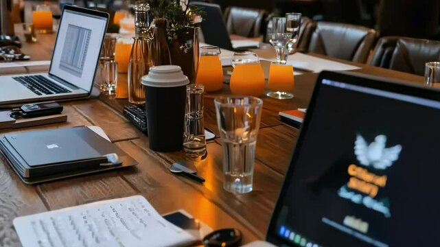 Intense energy fills the air as creative minds gather around a long wooden table, with laptops open and notes scattered.