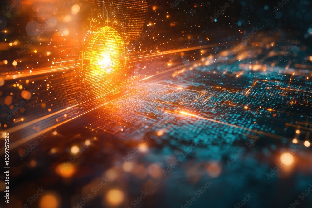 Poster abstract technology background with glowing circuits, a dynamic interplay of light, data streams, an