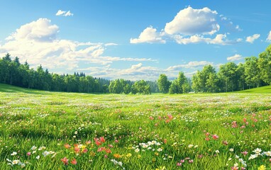 Fototapeta premium Vast green field with wildflowers and a distant forest