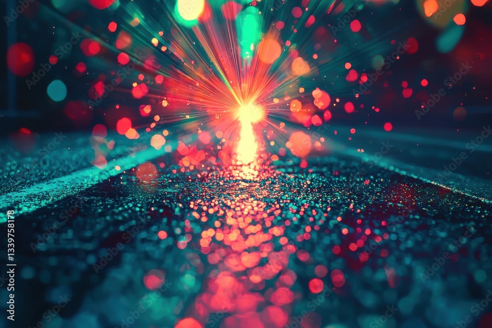 Poster a vibrant explosion of red and teal bokeh lights radiating from a bright center, illuminating a text