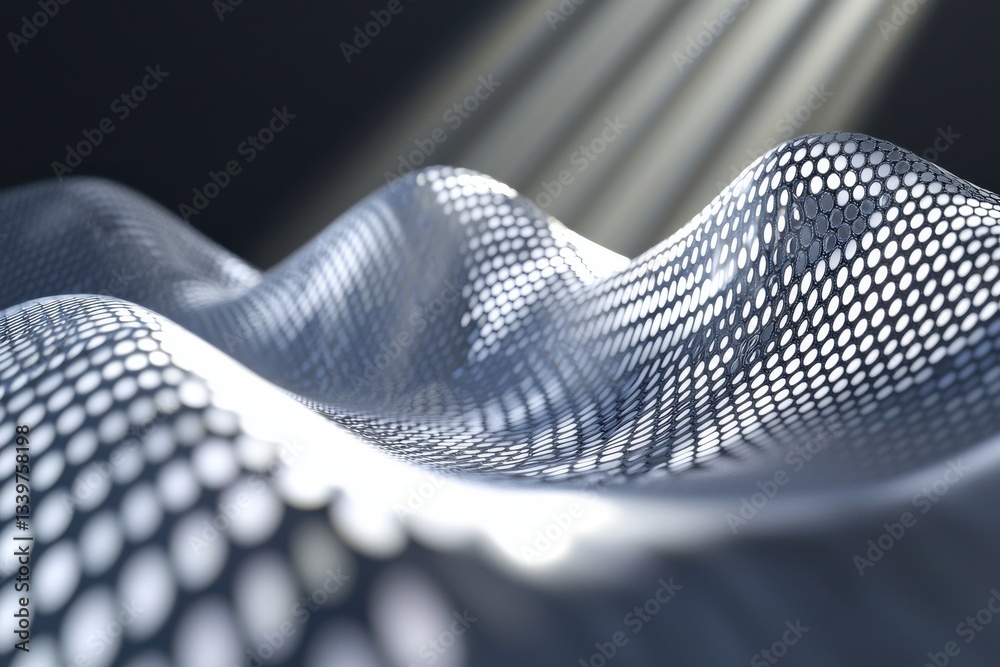 Poster a futuristic, undulating surface with a pattern of white circles reflecting light, creating a dynami