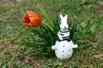 Easter Bunny Figurine with Tulip in Spring Nature.
