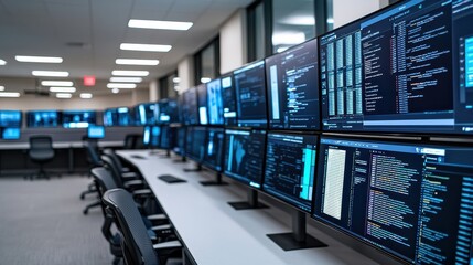 Fototapeta premium A modern workspace featuring multiple monitors displaying complex data, indicative of a high-tech environment focused on information processing.