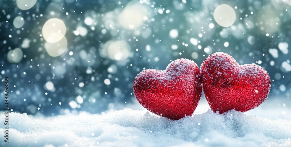 Poster two red hearts resting on snow during a gentle snowfall