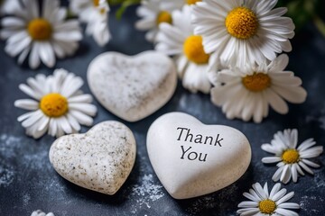 
A white heart-shaped rock surrounded by daisies, with the words "Thank You" written on it in black ink