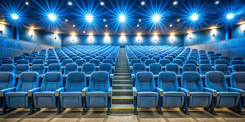 Fototapeta premium This cinema features a spacious auditorium filled with plush blue seating arranged in tiered rows. Bright overhead lights create a welcoming atmosphere for movie enthusiasts