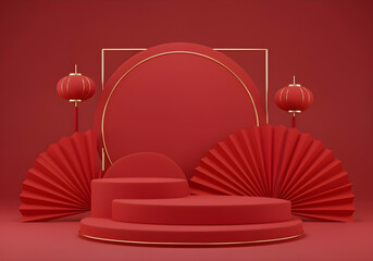 Red display stand template on abstract red background with a red paper fan, display stand for promotional products.
