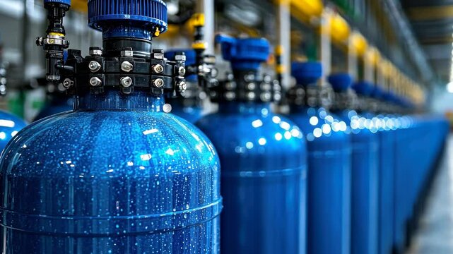 Blue Industrial Cylinders in a Factory Setting