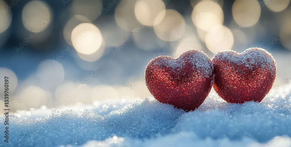 Poster two red hearts resting on snow with bokeh background