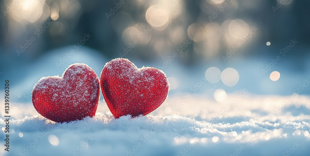 Poster two red hearts resting on snow creating a romantic winter scene