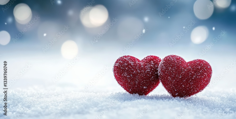 Poster two red hearts showing love in winter wonderland with snow and bokeh effect