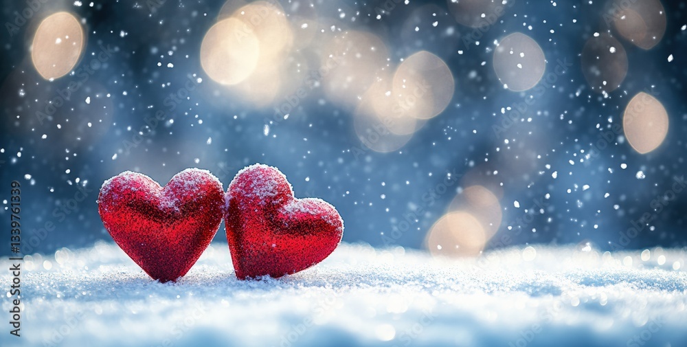 Aufkleber two red hearts resting on snowy surface with falling snowflakes and bokeh lights
