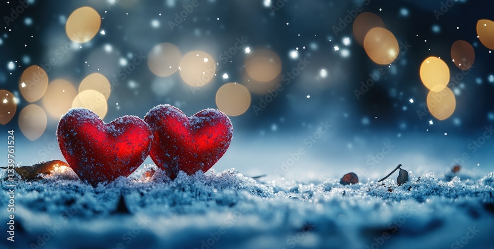 Poster two red hearts covered with snow creating a romantic valentine's day scene