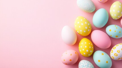 Fototapeta premium Easter pastel eggs on pink background with copy space. Top view composition, pastel tone, Easter design, design card with text. Pastel colored eggs for holiday, spring greeting