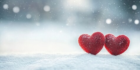 Fototapeta premium Two red hearts resting on snow during a gentle snowfall
