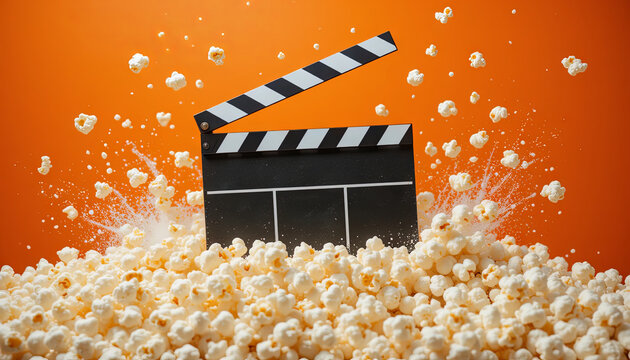 A clapperboard stands upright amidst a pile of popcorn, with kernels bursting around it. The bold orange background adds energy to the cinematic theme, suggesting excitement for movie time