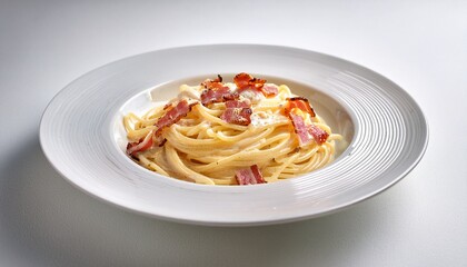 Classic plate of spaghetti carbonara with creamy sauce and crispy pancetta, served in a warm bowl, appetizing and cozy, perfect for Italian cuisine, food photography, and gourmet illustrations.