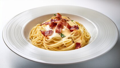 Classic plate of spaghetti carbonara with creamy sauce and crispy pancetta, served in a warm bowl, appetizing and cozy, perfect for Italian cuisine, food photography, and gourmet illustrations.