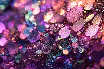 A mesmerizing macro photograph displaying the intricate textures and vibrant, iridescent colors of sparkling glitter, creating an abstract and festive background image.