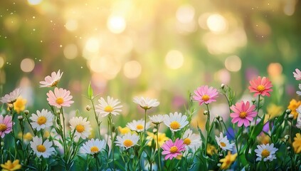 Vibrant colorful flowers in a garden, soft focus bokeh background, sunlight, springtime, bright colors, nature, daisies, petals, blooming, green grass, outdoors, summer, natural, outdoor, spring