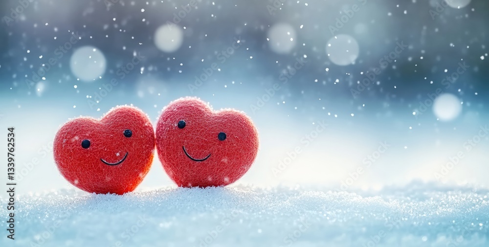 Poster two red smiling hearts embracing on snowy background during snowfall