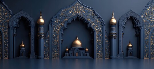Obraz premium Dark blue and gold islamic architectural design, intricate details, mosque-like arches and pillars, golden dome, minimalist style, dramatic lighting, 3d render, islamic art, luxury decor, elegant
