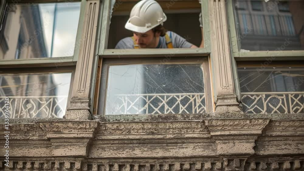 Poster professional builder carefully examining an old window frame, assessing the damage and preparing for