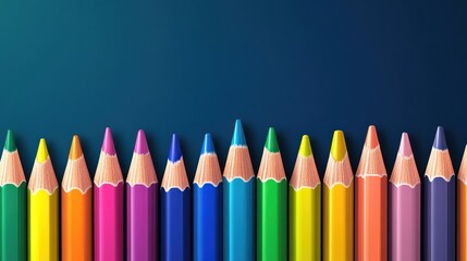 Vibrant Rainbow Colored Pencils on a Dark Blue Background