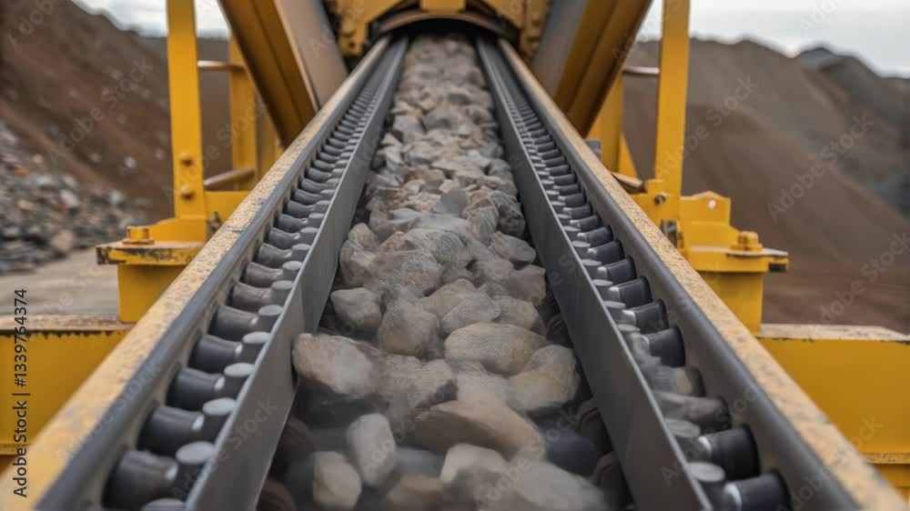 Poster Industrial machinery transports rocks along a conveyor belt in a quarry, demonstrating the process of material handling in mining operations