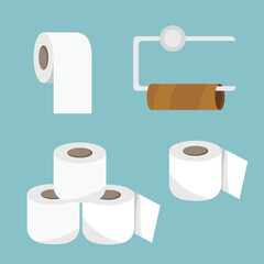 Toilet paper roll vector illustration on blue background. Restroom tissue paper set