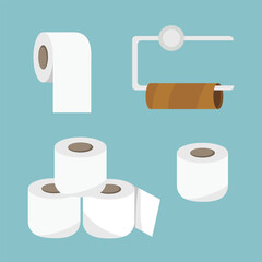 Toilet paper roll vector illustration on blue background. Restroom tissue paper set