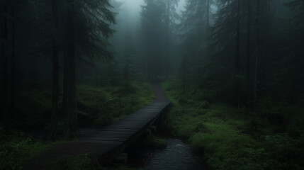 Obraz premium Mysterious Wooden Bridge in a Foggy Dark Forest 