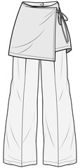 Wrap Skirt Loose Fit Pant Fashion Illustration, Vector, CAD, Technical Drawing, Flat Drawing, Template, Mockup.