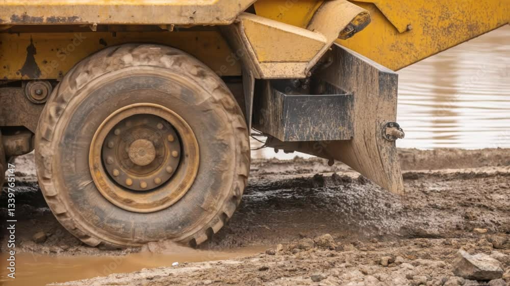 Poster Massive dumper truck wheels navigating muddy terrain, generating powerful splashes while unloading construction materials on saturated ground site