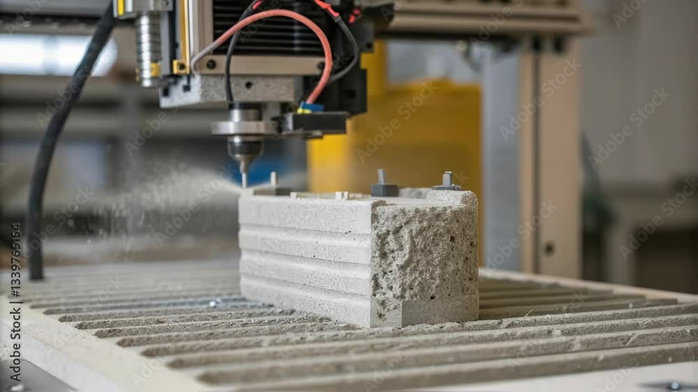Poster precision robotic arm carving concrete brick during automated manufacturing process, demonstrating a