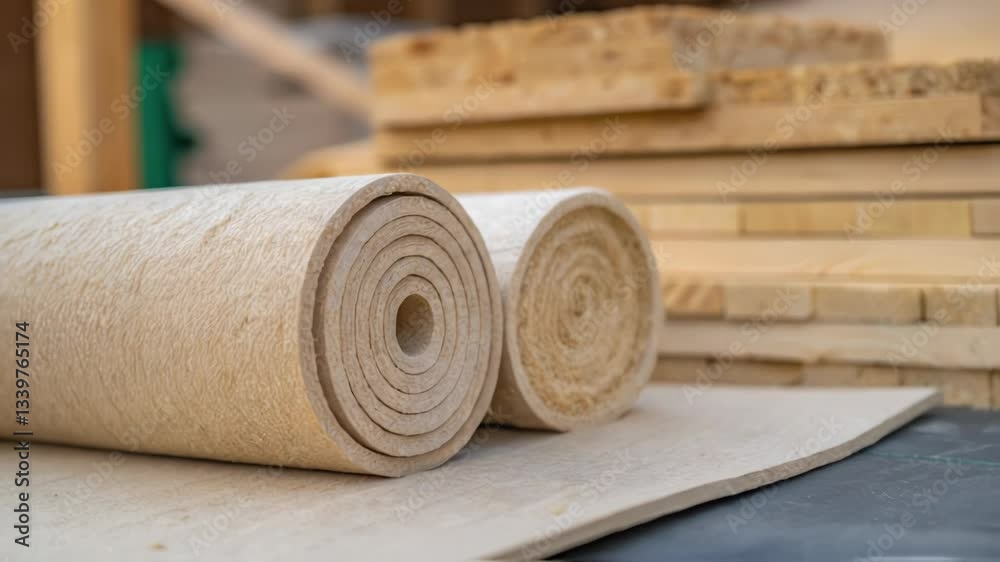Poster natural and sustainable construction materials like mineral wool insulation rolls and various wood p