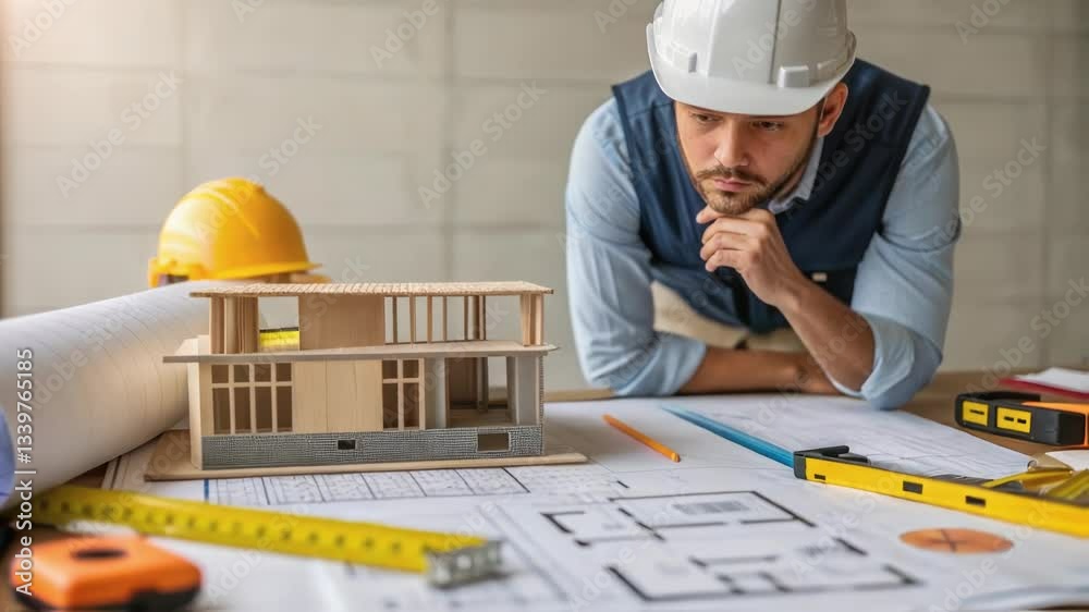 Poster Young architect wearing hardhat examining a scale model of a house while reviewing blueprints and architectural plans spread out on a table
