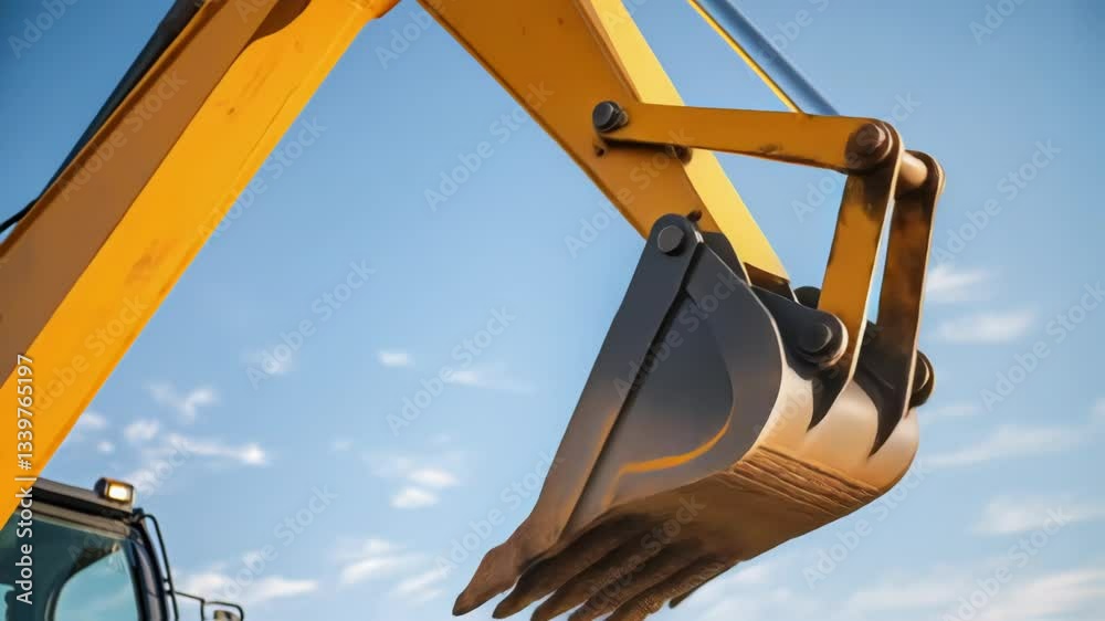 Poster yellow excavator arm performing various movements against a backdrop of blue sky, showcasing its fun