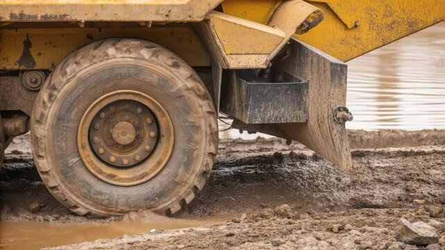 Massive dumper truck wheels navigating muddy terrain, generating powerful splashes while unloading construction materials on saturated ground site