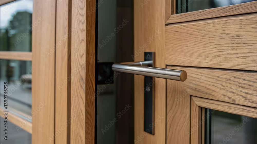 Poster stylish wooden double door with a stainless steel handle is being opened, showcasing modern design a