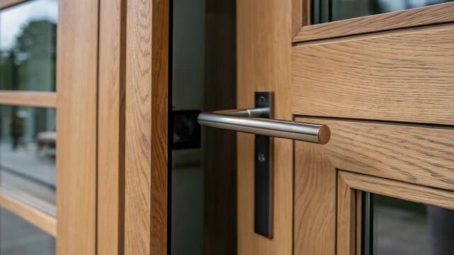 Stylish wooden double door with a stainless steel handle is being opened, showcasing modern design and functionality in a residential setting