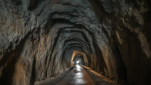 Rock tunnel gradually brightening as light penetrates darkness, revealing hopeful journey through underground passage with compelling perspective effect and symbolic emerging landscape
