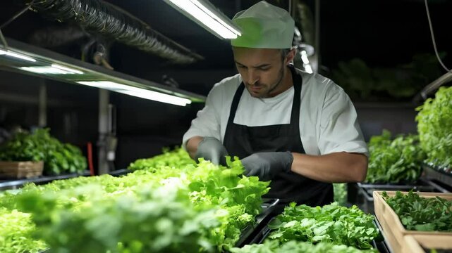 In a bustling urban garden, a dedicated chef meticulously tends to vibrant greens. Under soft lights, he expertly selects fresh produce, promoting sustainability and healthy eating.
