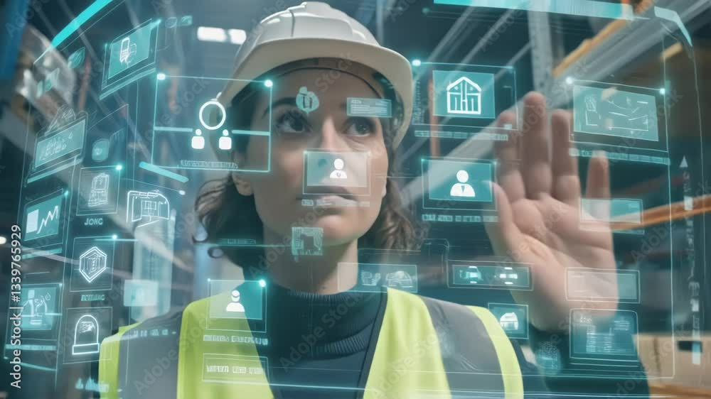 Poster Warehouse worker wearing ar headset interacting with futuristic interface, managing logistics and monitoring operations in a technologically advanced storage facility