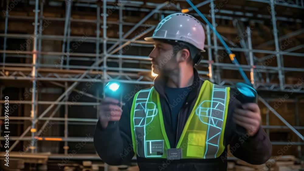 Aufkleber construction worker wearing safety helmet and vest uses augmented reality controllers on a construct