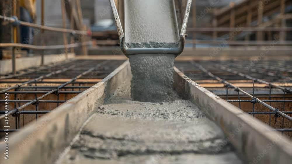 Aufkleber Liquid concrete cascading from chute into metal formwork, forming foundational structure at active construction site with precision engineering and construction workflow