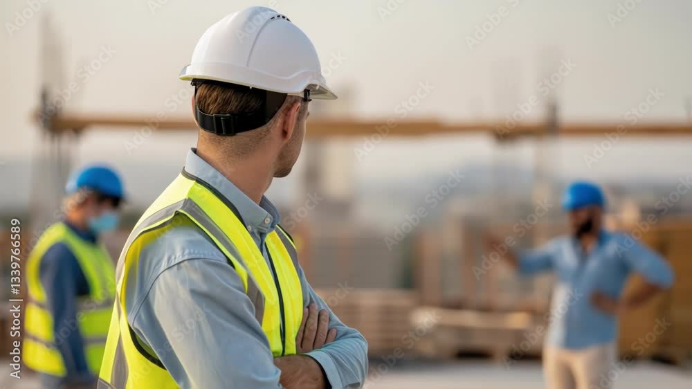 Poster construction manager wearing protective safety gear confidently overseeing workplace operations. sta