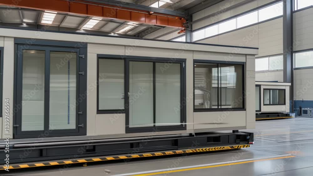 Aufkleber prefabricated mobile homes rotating smoothly on industrial platform, revealing innovative design and