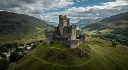 Majestic Castle on Green Hill Surrounded by Mountains Under Cloudy Sky