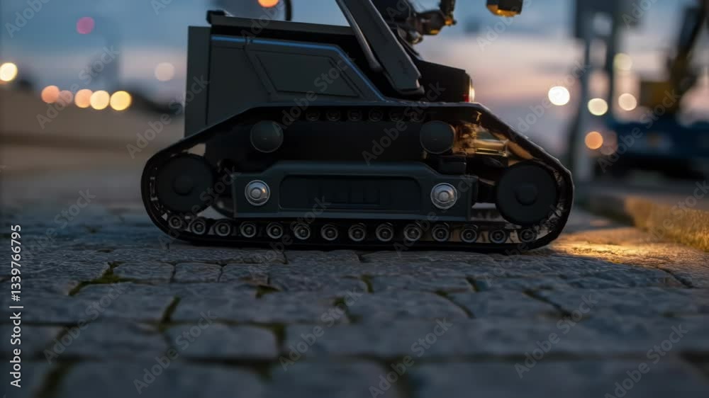 Aufkleber Autonomous surveillance robot traversing urban pavement on tracks, navigating twilight environment with advanced cameras and sensors for security monitoring